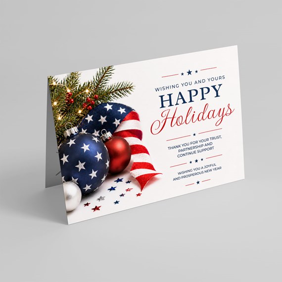 holiday card with ornaments and text