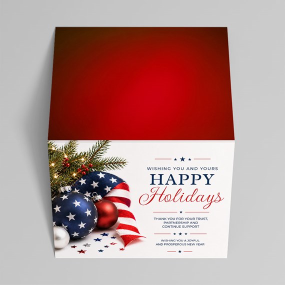holiday box with ornaments and text