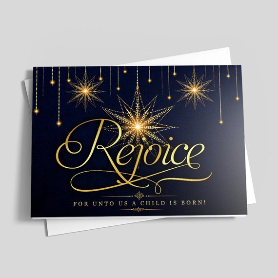 dark blue card with gold text and star motifs