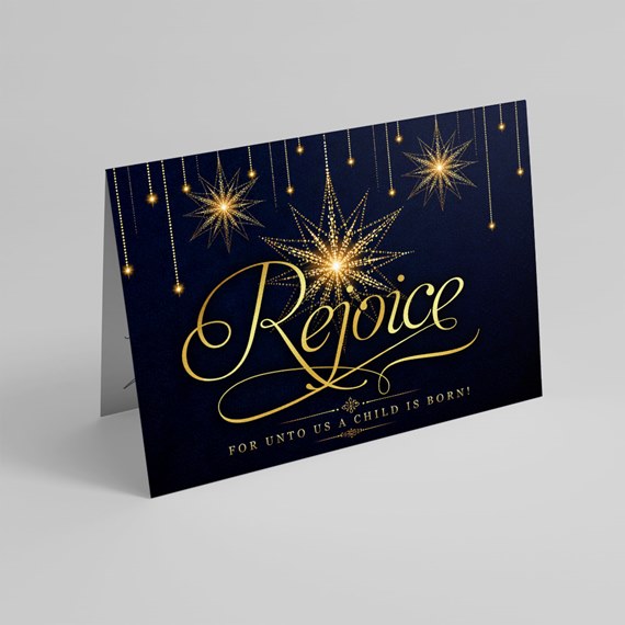 navy blue card with gold stars and text