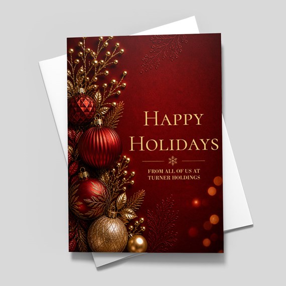holiday card with ornaments and pine branches