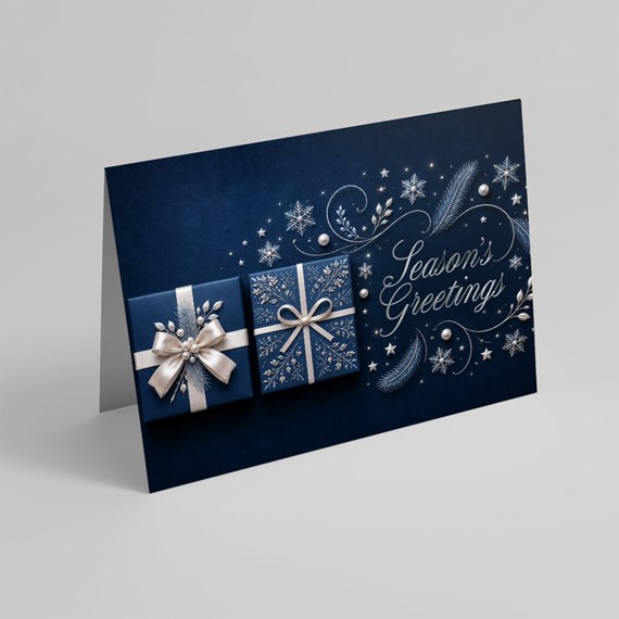 holiday greeting card with gift boxes and decorative elements