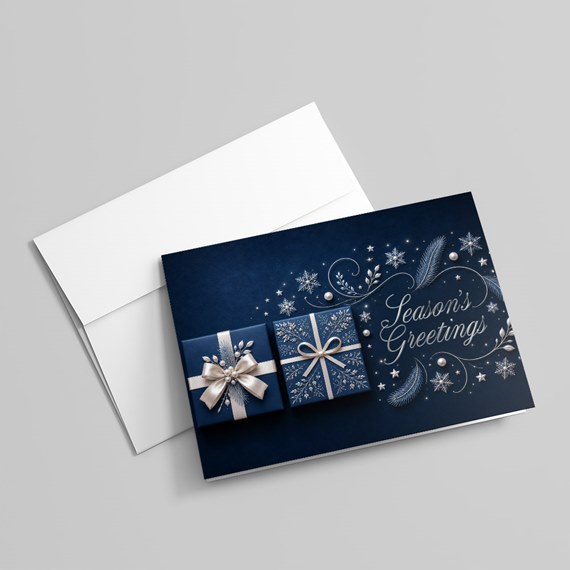 navy blue card with gift boxes and text