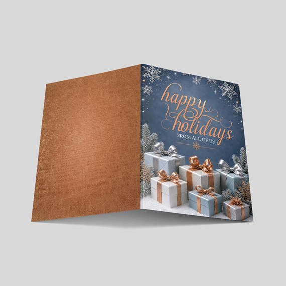 holiday card with gift boxes and snowflakes