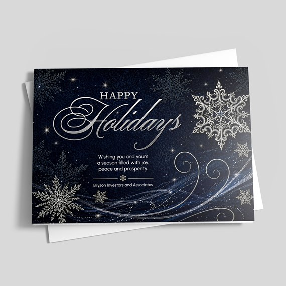 holiday card with snowflakes and elegant text
