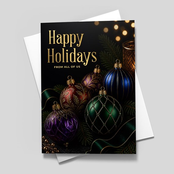 holiday card with colorful ornaments and text