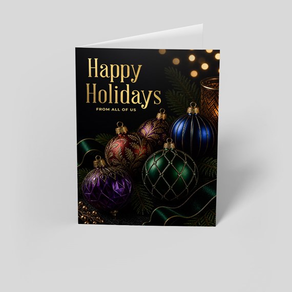 holiday greeting card with colorful ornaments and text