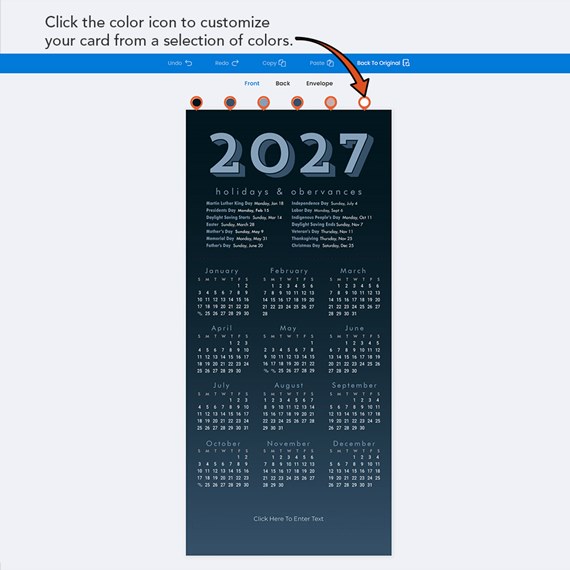 2027 calendar with holidays, customizable text area