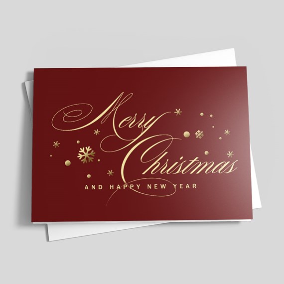 holiday greeting card with gold text and snowflake design
