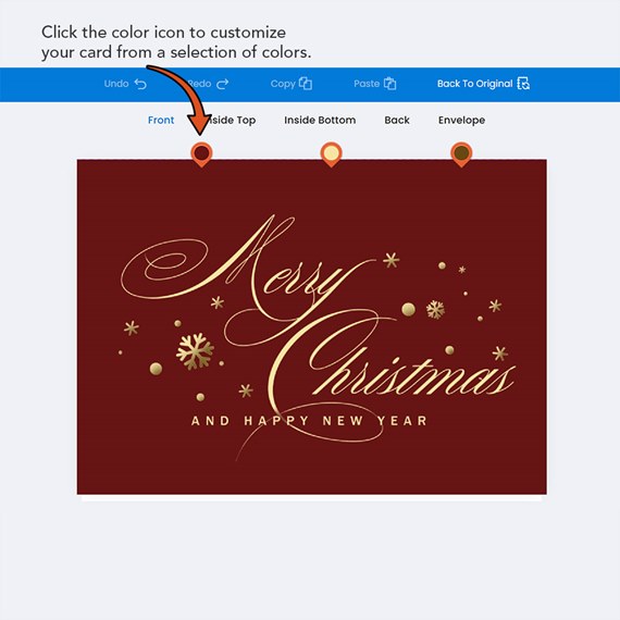 burgundy greeting card with gold text and decorations
