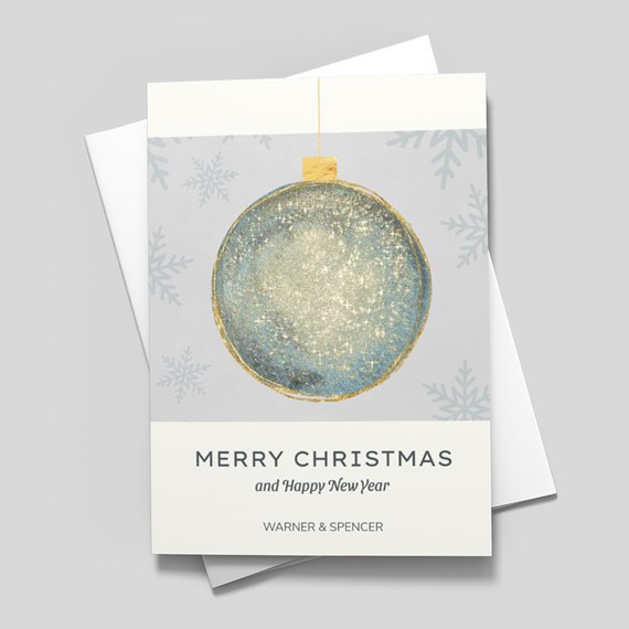 holiday card with ornament and snowflakes, customizable text area