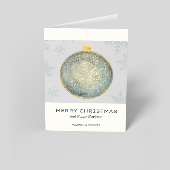 holiday card with blue ornament and snowflakes, customizable text area