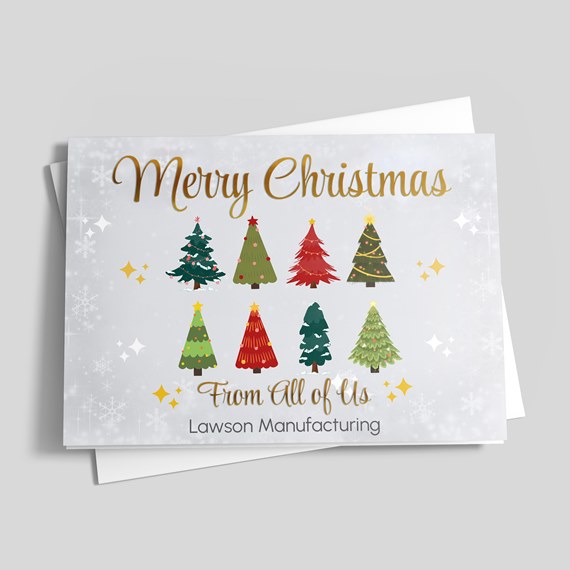 Christmas card with illustrated trees and festive text