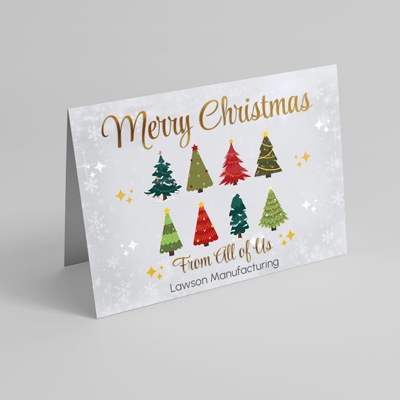 Christmas card design with illustrated trees and text