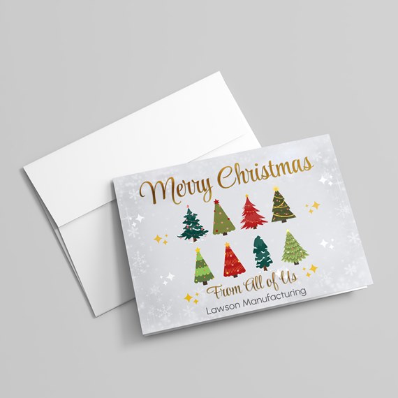 holiday card with Christmas trees and customizable text area