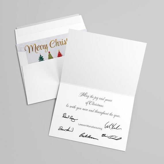 greeting card with trees and merry christmas text