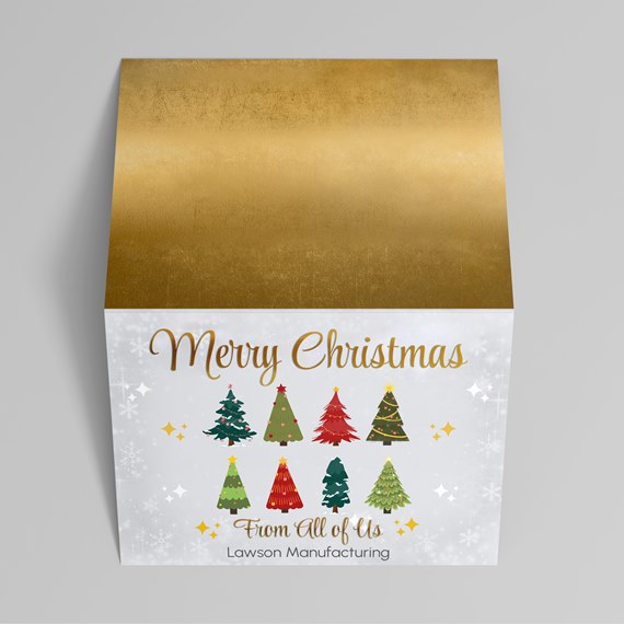 Christmas card with trees and gold top, photo placeholder