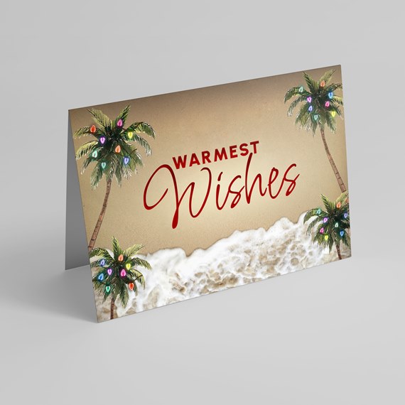greeting card with palm trees and holiday lights