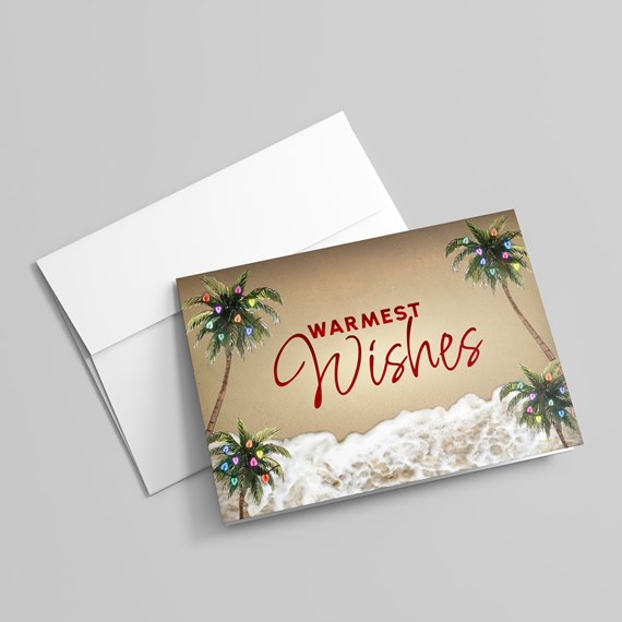 greeting card with palm trees and colorful lights, text area