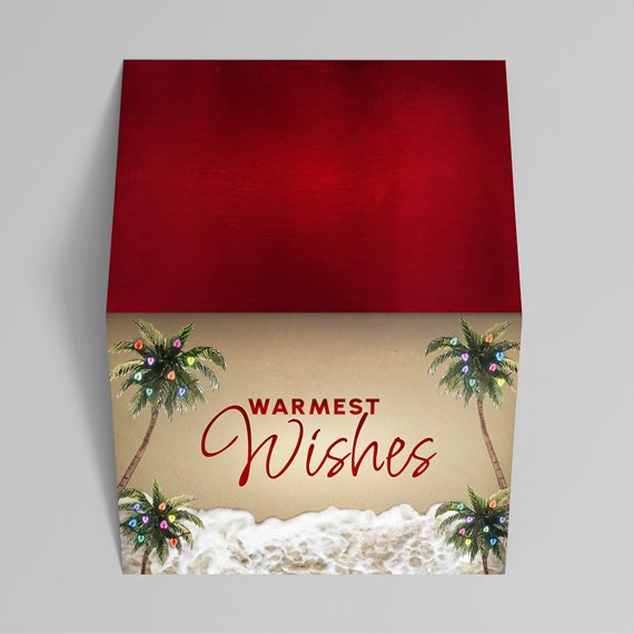 decorative box with palm trees and text 'WARMEST Wishes'
