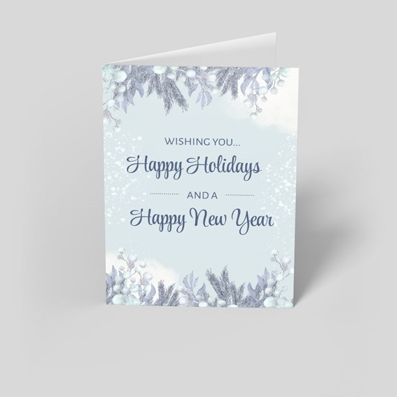 greeting card with holiday wishes and decorative foliage