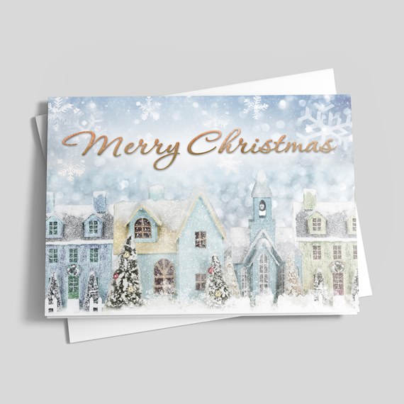 winter scene card with houses and snowflakes, photo placeholder
