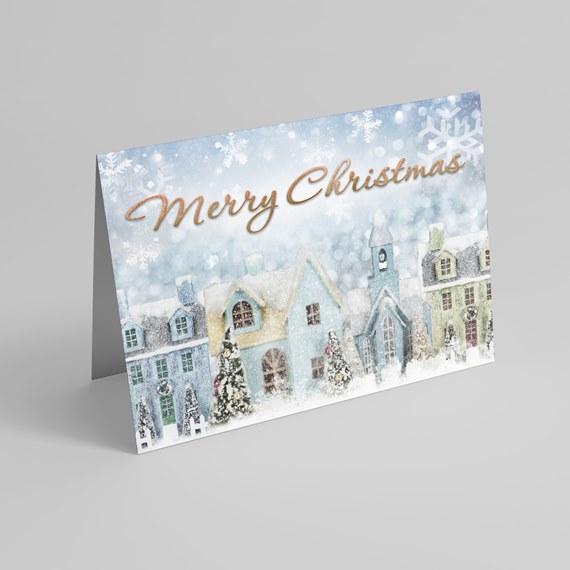 Winter scene with colorful houses and snowflakes, text 'Merry Christmas'