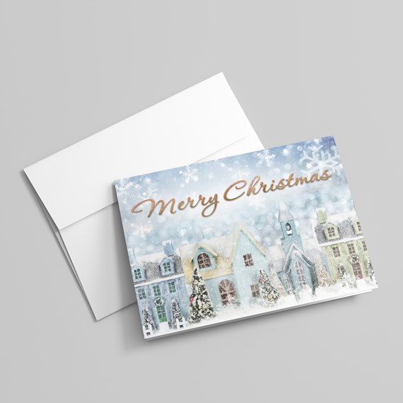 colorful houses with snow and Merry Christmas text