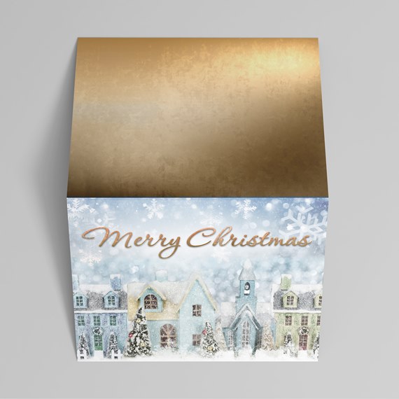 snowy village design holiday card