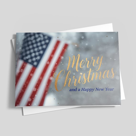 greeting card with American flag background, holiday text