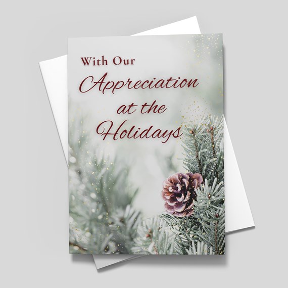 holiday card with pinecone and evergreen design, customizable text area