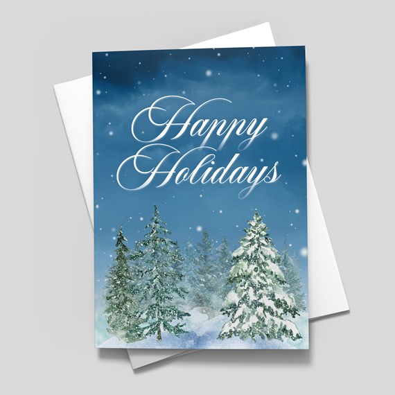 winter greeting card with snowflakes and trees, text placeholder
