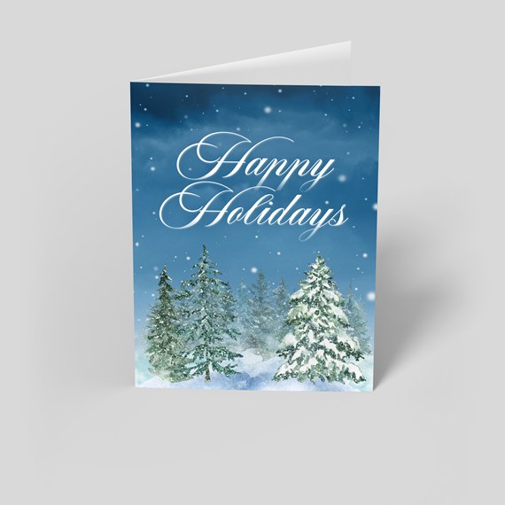 winter greeting card with trees and snowflakes