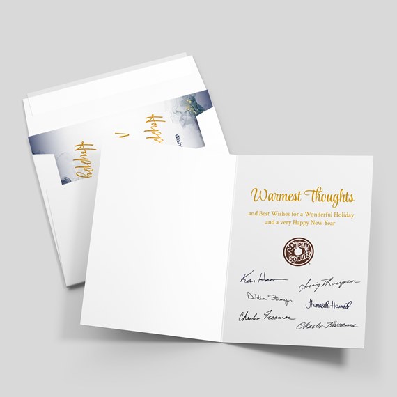 holiday card with customizable text area and signature placeholders