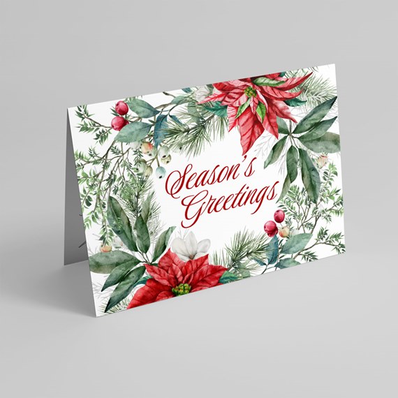 floral holiday card with poinsettias and text area