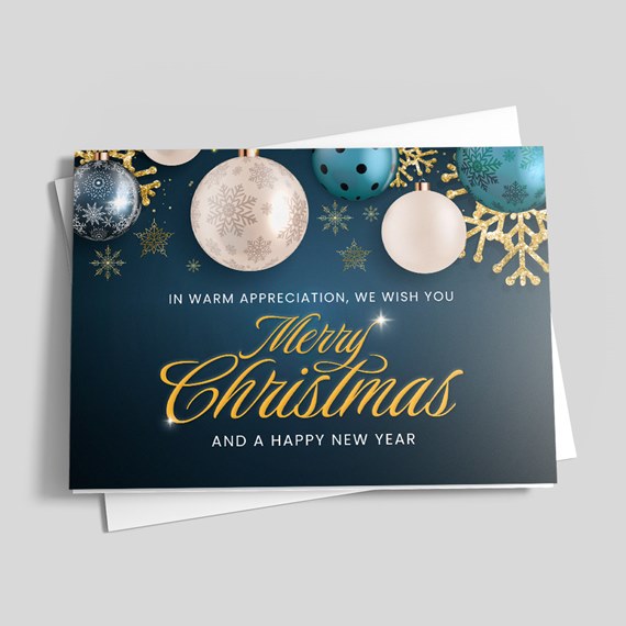 Christmas card with ornaments and festive text
