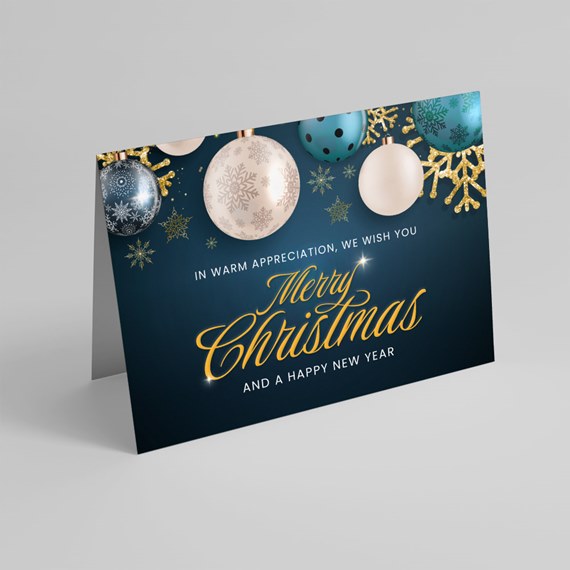 holiday card with ornaments and festive text