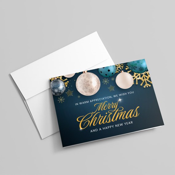 holiday card with ornaments and text