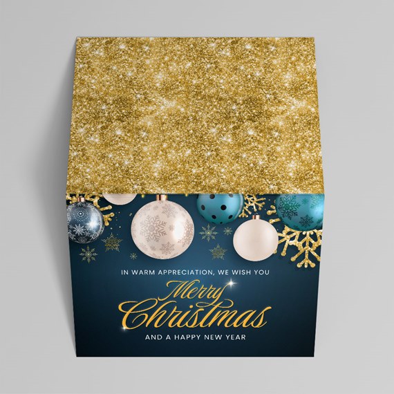 holiday card with ornaments and glitter top