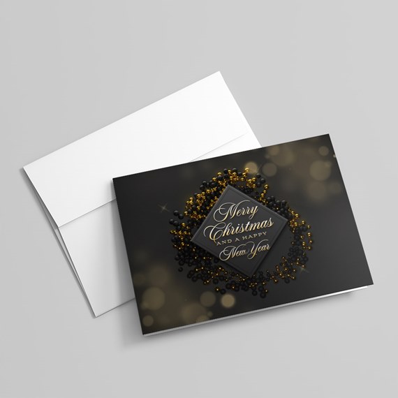 black card with decorative golden beads and holiday greeting, customizable text area