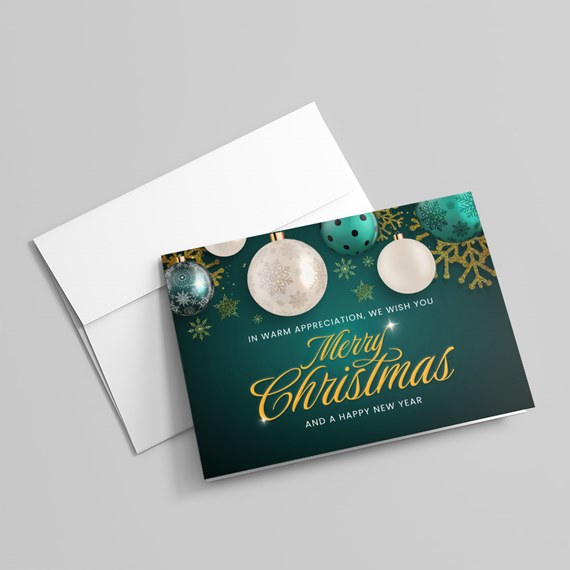 Christmas card with ornaments and text