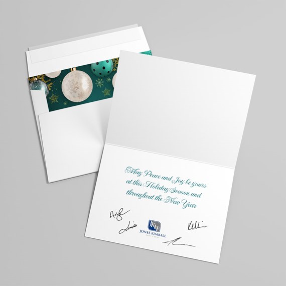 holiday card with ornament design and customizable text area
