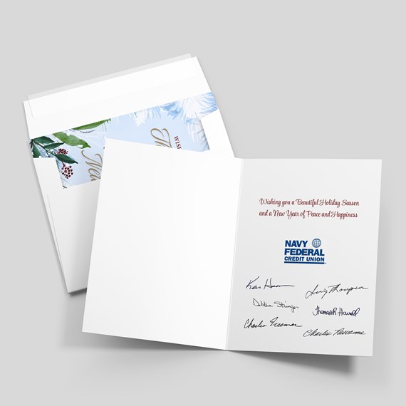 holiday card with foliage design and customizable text area