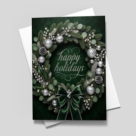 Emerald Wreath Ribbon Holiday Card