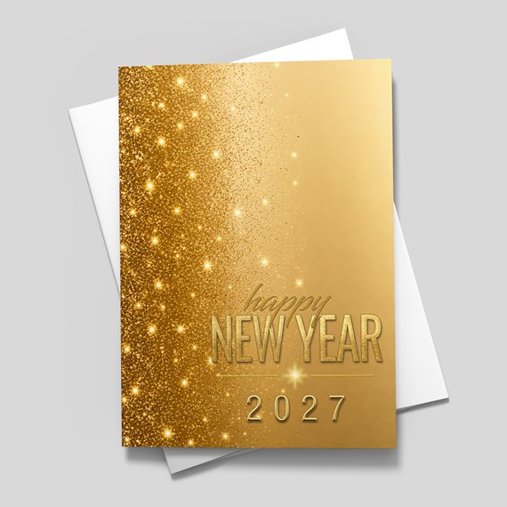 gold new year card with glitter and text