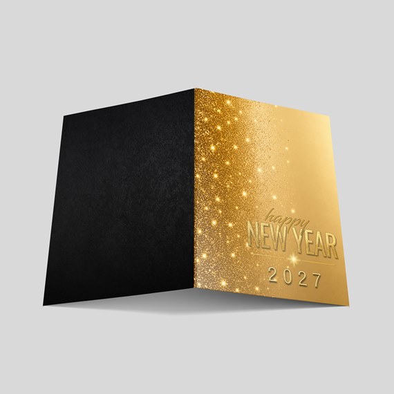folded card with black and gold sides, text and glitter design
