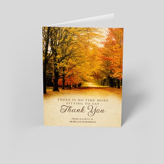 thank you card with autumn scene and text
