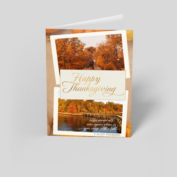 autumn-themed greeting card with photo placeholder and text
