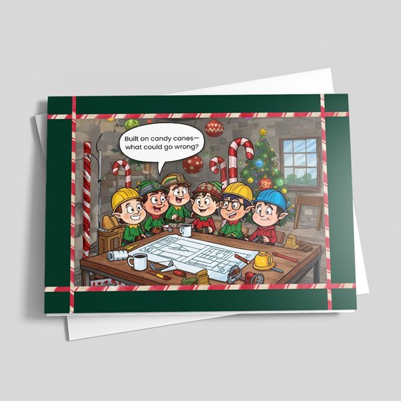 cartoon construction scene with characters and blueprints