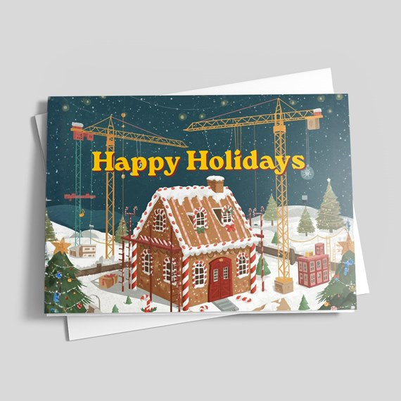 gingerbread house holiday card with cranes